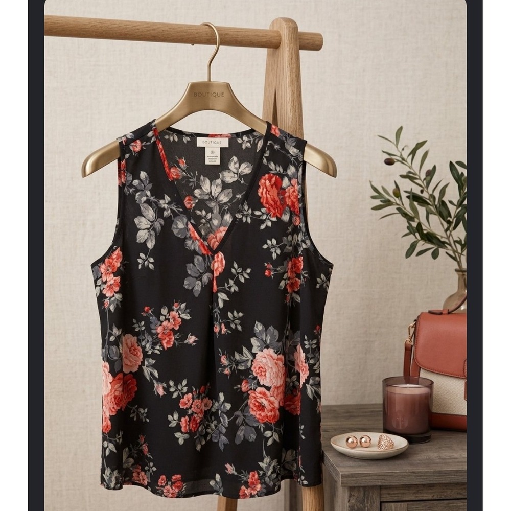 Boutique Black Floral V-Neck Sleeveless Blouse Red Pink Flowers Size S